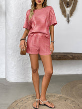 Load image into Gallery viewer, Pink Striped Knit Lounge Set Tee and Shorts