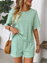 Load image into Gallery viewer, Green Striped Knit Lounge Set Tee and Shorts