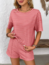 Load image into Gallery viewer, Pink Striped Knit Lounge Set Tee and Shorts