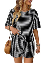 Load image into Gallery viewer, Black Striped Knit Lounge Set Tee and Shorts
