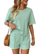 Load image into Gallery viewer, Green Striped Knit Lounge Set Tee and Shorts