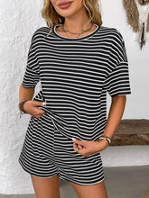 Load image into Gallery viewer, Black Striped Knit Lounge Set Tee and Shorts
