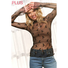 Load image into Gallery viewer, PLUS CUTE MESH BOW DOT HIGH NECK DESIGN LONG SLEEVE FITTED T
