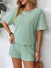 Load image into Gallery viewer, Green Striped Knit Lounge Set Tee and Shorts
