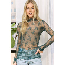 Load image into Gallery viewer, MESH LACE HIGH NECK DESIGN LONG SLEEVE FITTED TOP
