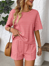 Load image into Gallery viewer, Pink Striped Knit Lounge Set Tee and Shorts
