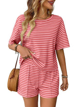 Load image into Gallery viewer, Pink Striped Knit Lounge Set Tee and Shorts
