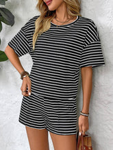 Load image into Gallery viewer, Black Striped Knit Lounge Set Tee and Shorts
