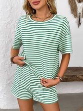 Load image into Gallery viewer, Green Striped Knit Lounge Set Tee and Shorts
