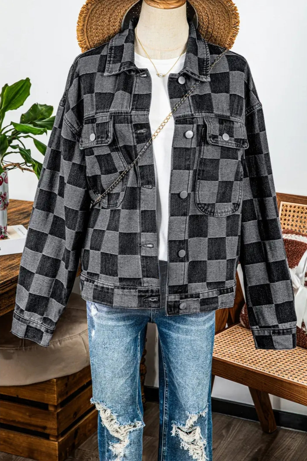 Checkered Patchwork Denim Button Up