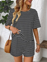 Load image into Gallery viewer, Black Striped Knit Lounge Set Tee and Shorts
