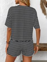 Load image into Gallery viewer, Black Striped Knit Lounge Set Tee and Shorts
