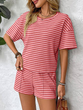 Load image into Gallery viewer, Pink Striped Knit Lounge Set Tee and Shorts
