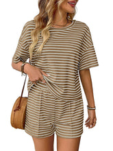Load image into Gallery viewer, Brown Striped Knit Lounge Set Tee and Shorts
