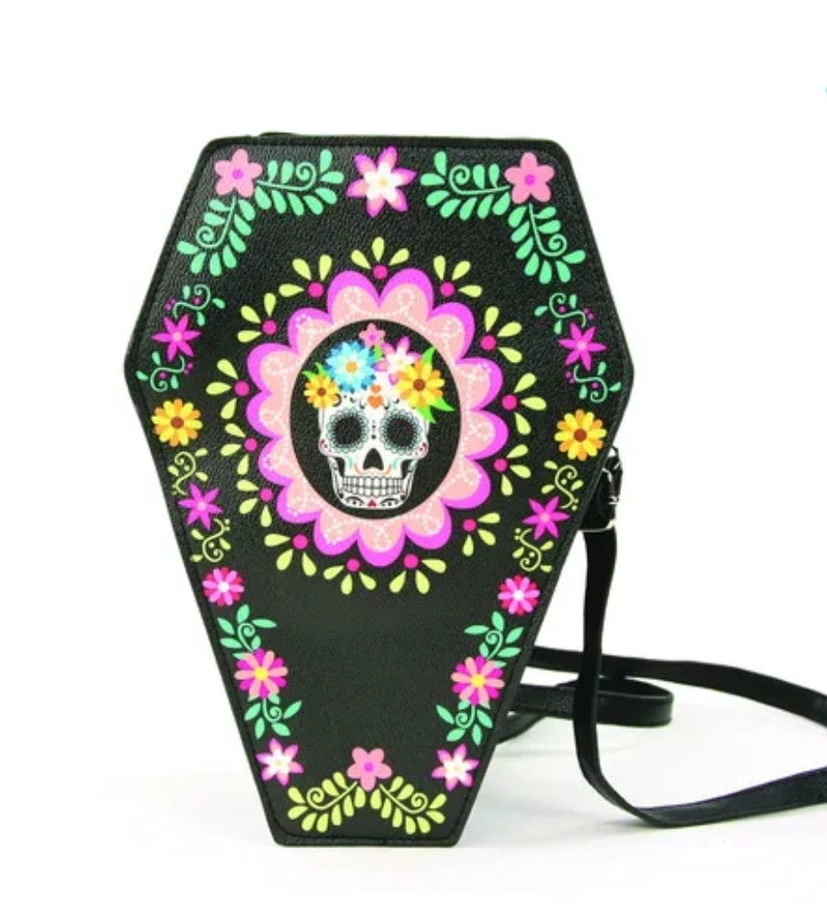 Sugar Skull Coffin Convertible Crossbody Bag Backpack in Vinyl Material